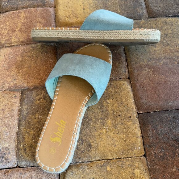 Shein Blue Faux‎ Suede Slides Rattan Like Sides Size 10 - Picture 8 of 8